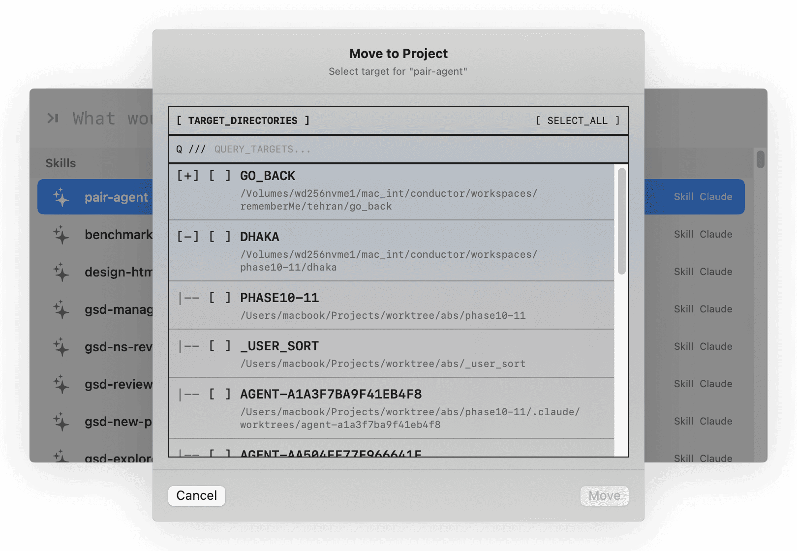 Move to Project dialog showing project list for antigravity-skill-orchestrator item